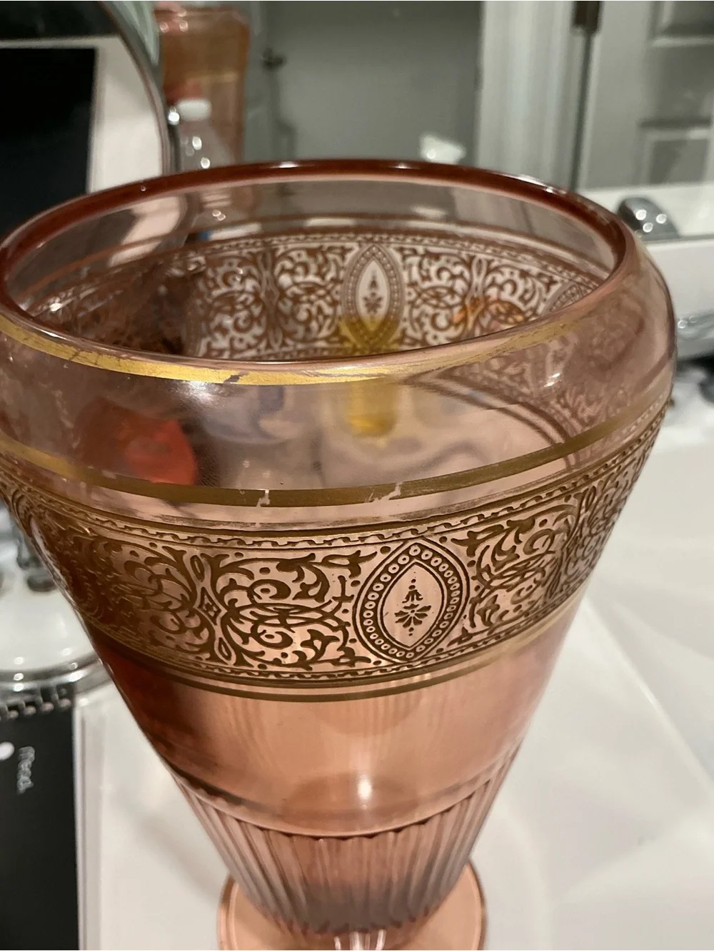 Tiffin Pink Depression Glass Footed Vase, Gold-Encrusted Etch, 9